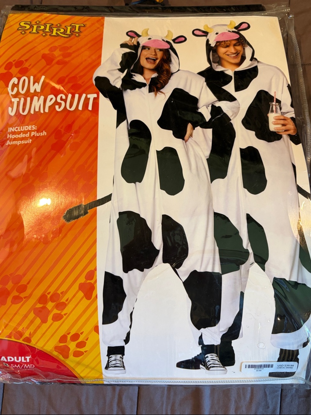 Never Worn Spirit Cow Jumpsuit Costume -Black & White Hooded Plush Adult S/M